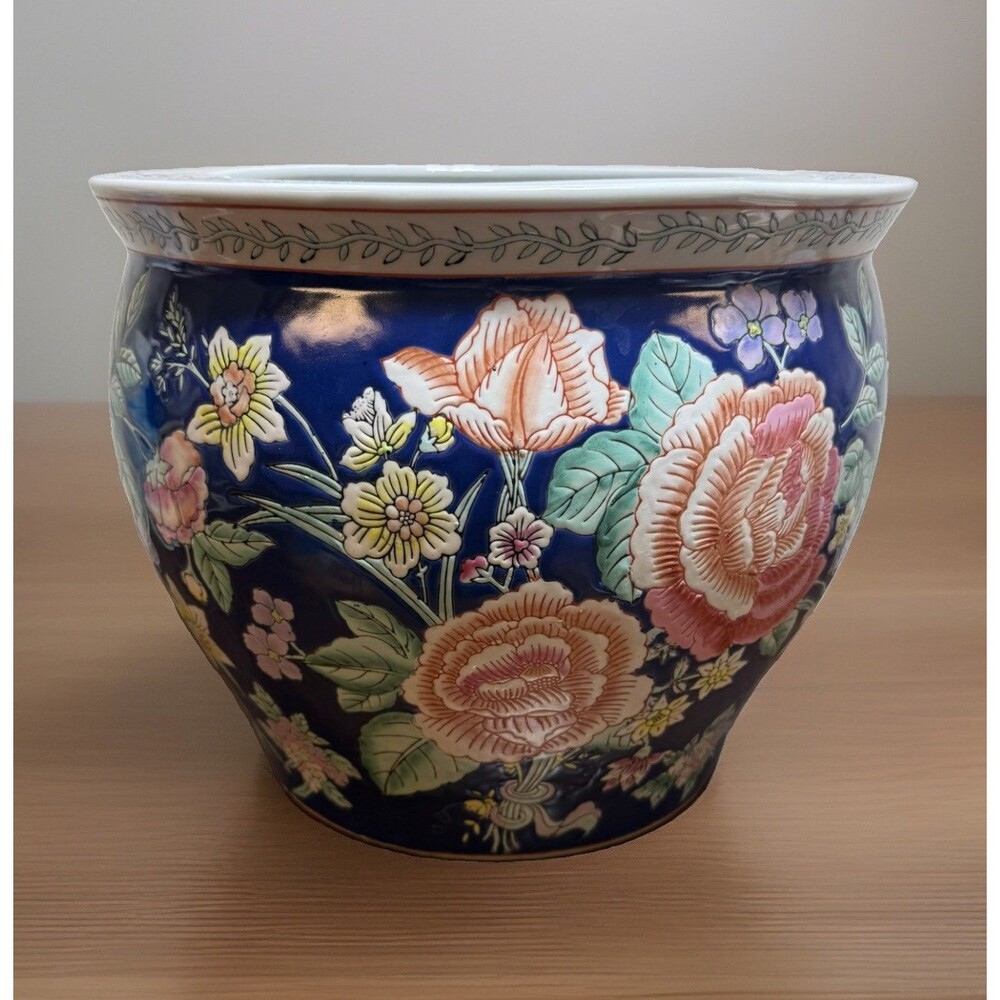 Vintage Porcelain Asian Fish Bowl Planter Pot Koi Chinoiserie 12x10 Blue Floral